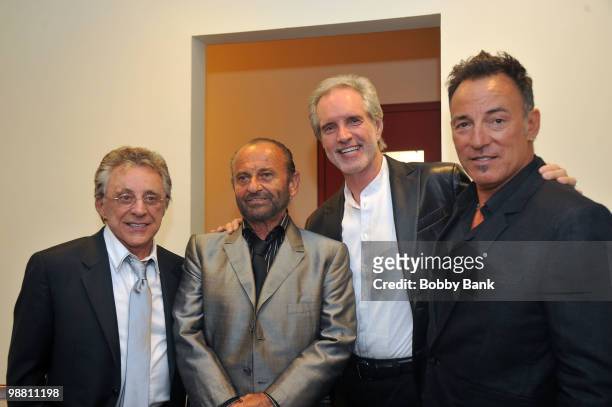 Frankie Valli, Joe Pesci, Bob Gaudio and Bruce Springsteen pose backstage at the 3rd Annual New Jersey Hall of Fame Induction Ceremony at the New...