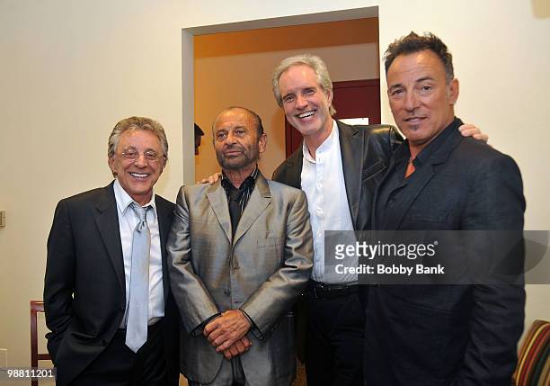 Frankie Valli, Joe Pesci, Bob Gaudio and Bruce Springsteen pose backstage at the 3rd Annual New Jersey Hall of Fame Induction Ceremony at the New...