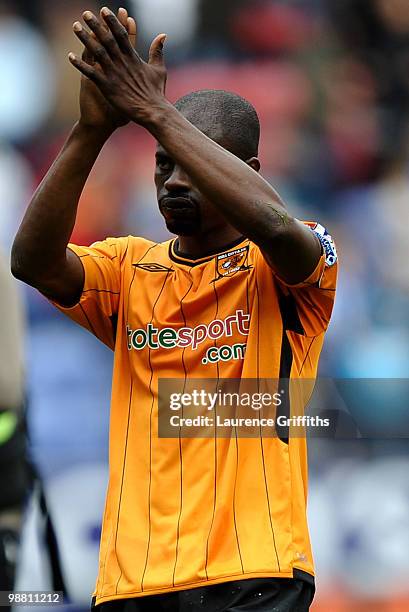 George Boateng of Hull shows his dissapointment afterhis side are relagated during the Barclays Premier League match between Wigan Athletic and Hull...