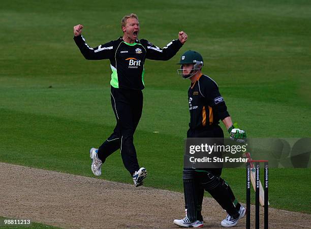 Lions bowler Gareth Batty celebrates taking the wicket of Royals batsman Alexei Kervezee during the Clydesdale Bank 40 match between Worcestershire...