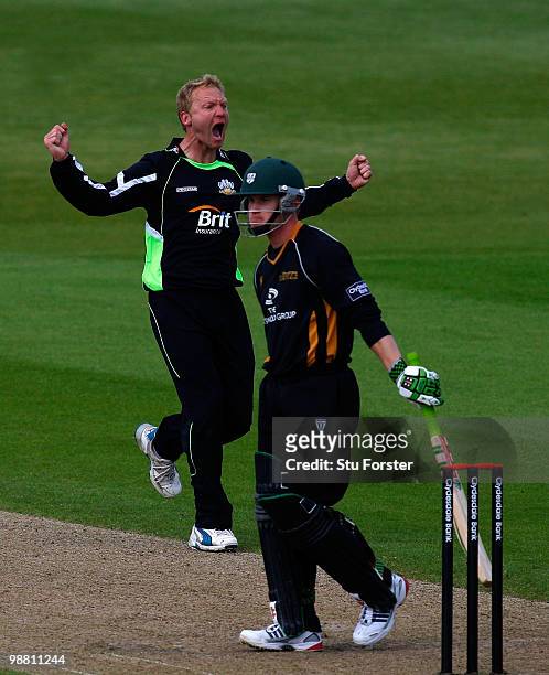 Lions bowler Gareth Batty celebrates taking the wicket of Royals batsman Alexei Kervezee during the Clydesdale Bank 40 match between Worcestershire...