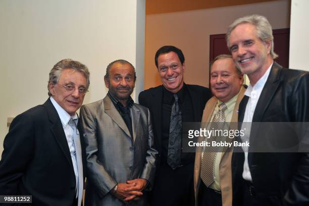 Frankie Valli, Joe Pesci, Joe Piscopo, Joe Grano and Bob Gaudio pose backstage at the 3rd Annual New Jersey Hall of Fame Induction Ceremony at the...