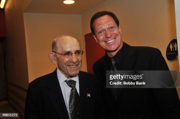 Yogi Berra and Joe Piscopo pose backstage at the 3rd Annual New Jersey Hall of Fame Induction Ceremony at the New Jersey Performing Arts Center on...