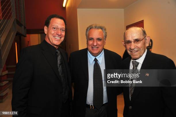Joe Piscopo, Stewie Stone and Yogi Berra pose backstage at the 3rd Annual New Jersey Hall of Fame Induction Ceremony at the New Jersey Performing...