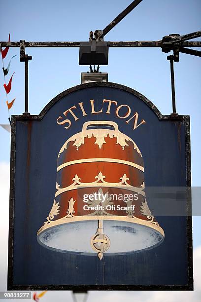 General view of a pub sign for the Bell Inn on Stilton High Street on May 3, 2010 in Stilton, England. The annual event of Cheese Rolling in the...