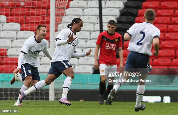 Nathan Delfouneso of Aston Villa celebrates scoring their first goal during the Barclays Premier Reserve League Play-Off match between Manchester...