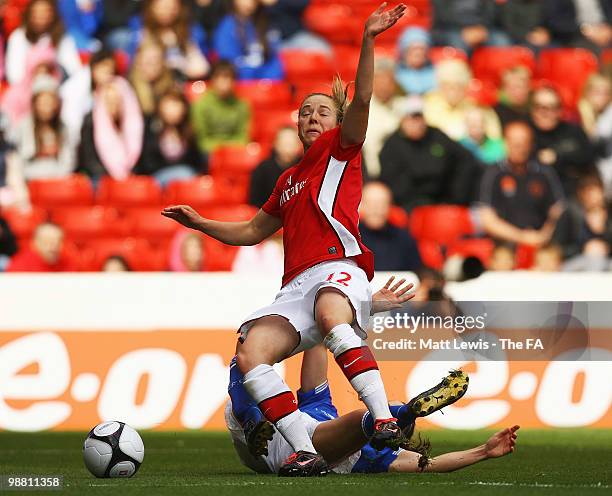 Gemma Davison of Arsenal is tackled by Becky Easton of Everton during the Women's FA Cup Final match between Arsenal and Everton at the City Ground...