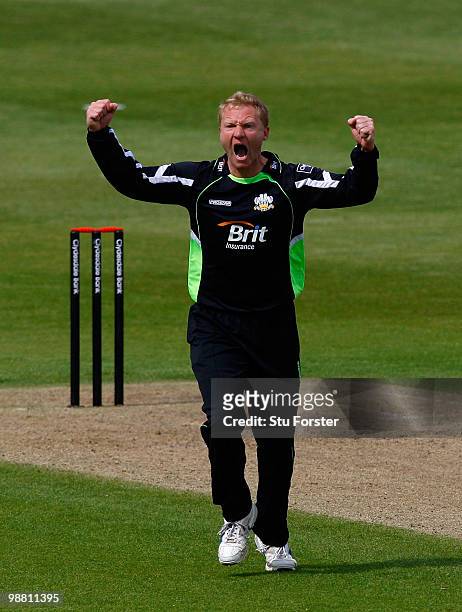 Lions bowler Gareth Batty celebrates taking the wicket of Royals batsman Phil Jaques during the Clydesdale Bank 40 match between Worcestershire...