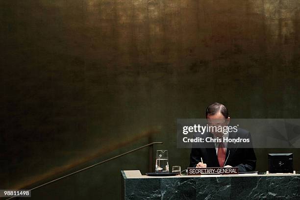 United Nations Secretary General Ban Ki-moon sits at the table at the head of the Nuclear Non- Proliferation Treaty Review Conference May 3, 2010 at...