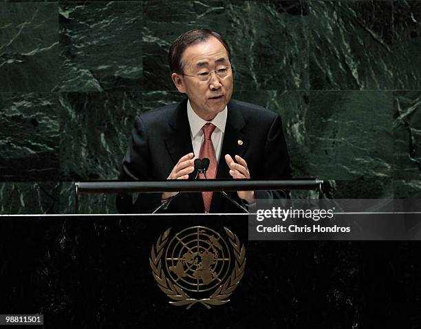 United Nations Secretary General Ban Ki-moon addresses the opening of the Nuclear Non- Proliferation Treaty Review Conference May 3, 2010 at the...