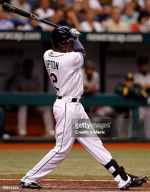 Outfielder B.J. Upton of the Tampa Bay Rays bats against the Oakland Athletics during the game at Tropicana Field on April 27, 2010 in St....