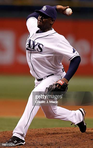 Pitcher Rafael Soriano of the Tampa Bay Rays pitches against the Oakland Athletics during the game at Tropicana Field on April 27, 2010 in St....
