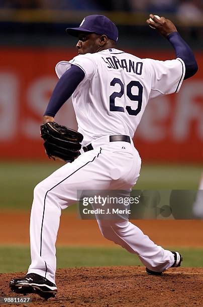 Pitcher Rafael Soriano of the Tampa Bay Rays pitches against the Oakland Athletics during the game at Tropicana Field on April 27, 2010 in St....
