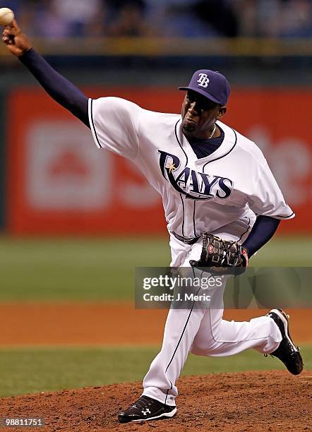 Pitcher Rafael Soriano of the Tampa Bay Rays pitches against the Oakland Athletics during the game at Tropicana Field on April 27, 2010 in St....