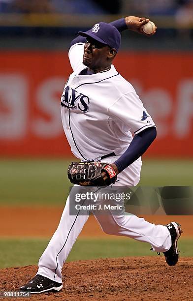 Pitcher Rafael Soriano of the Tampa Bay Rays pitches against the Oakland Athletics during the game at Tropicana Field on April 27, 2010 in St....