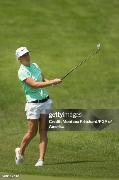 Mel Reid of England watches her second shot on the seventh hole during the third round of the 2018 KPMG Women's PGA Championship at Kemper Lakes Golf...