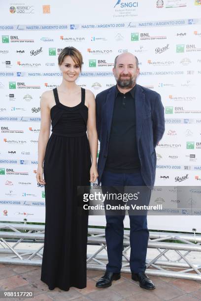 Paola Cortellesi and Antonio Albanese attend the Nastri D'Argento cocktail party on June 30, 2018 in Taormina, Italy.