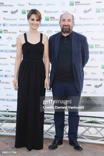 Paola Cortellesi and Antonio Albanese attend the Nastri D'Argento cocktail party on June 30, 2018 in Taormina, Italy.