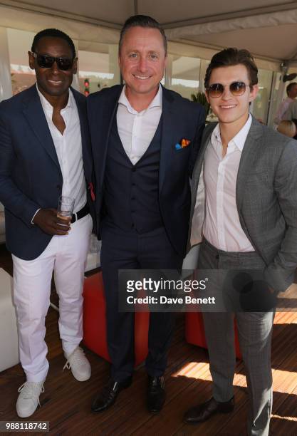 David Harewood, Andrew Doyle and Tom Holland attend the Audi Polo Challenge at Coworth Park Polo Club on June 30, 2018 in Ascot, England.