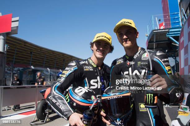 Francesco Bagnaia of Italy and Sky Racing Team VR46 and Luca Marini of Italy and Sky Racing Team VR46 celebrate at the end of the Moto2 Qualifying...