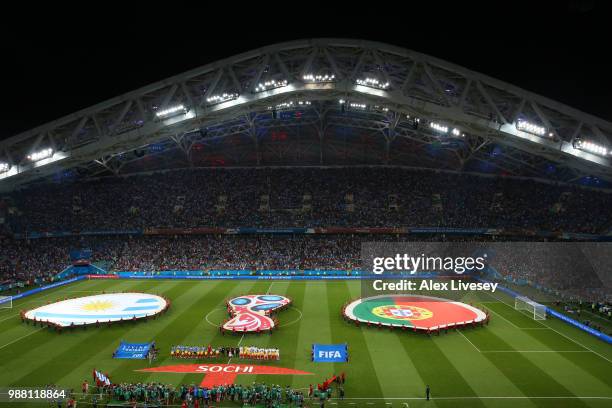 General view inside the stadium as teams line up the 2018 FIFA World Cup Russia Round of 16 match between Uruguay and Portugal at Fisht Stadium on...