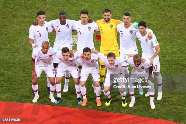 Portugal pose for a team photo prior to the 2018 FIFA World Cup Russia Round of 16 match between Uruguay and Portugal at Fisht Stadium on June 30,...