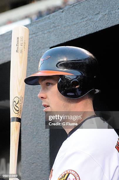 Matt Wieters of the Baltimore Orioles watches the game against the New York Yankees at Camden Yards on April 28, 2010 in Baltimore, Maryland.