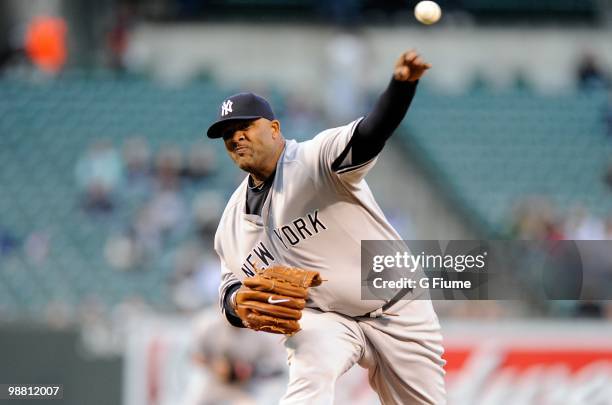 Sabathia of the New York Yankees pitches against the Baltimore Orioles at Camden Yards on April 28, 2010 in Baltimore, Maryland.