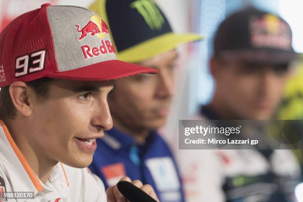 Marc Marquez of Spain and Repsol Honda Team speaks during the press conference at the end of the Qualifying practice during the MotoGP Netherlands -...