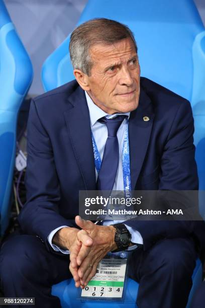 Oscar Tabarez head coach / manager of Uruguay looks on prior to the 2018 FIFA World Cup Russia Round of 16 match between Uruguay and Portugal at...