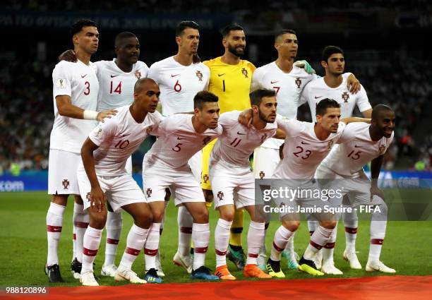 Portugal pose for a team photo prior to the 2018 FIFA World Cup Russia Round of 16 match between Uruguay and Portugal at Fisht Stadium on June 30,...