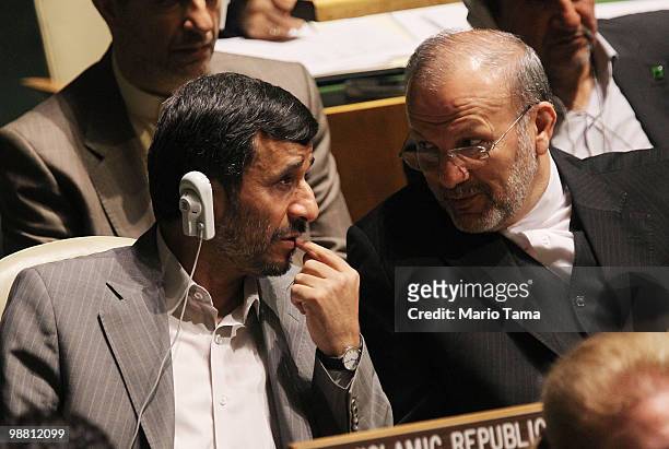 Iranian President Mahmoud Ahmadinejad and Iranian Foreign Minister Manouchehr Mottaki attend the United Nations 2010 High-level Review Conference of...
