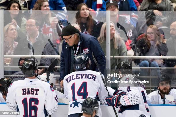 Coach Paul Rosen and his team at the 2018 Ice Hockey Classic between USA and Canada at Qudos Bank Arena on June 30, 2018 in Sydney, NSW.