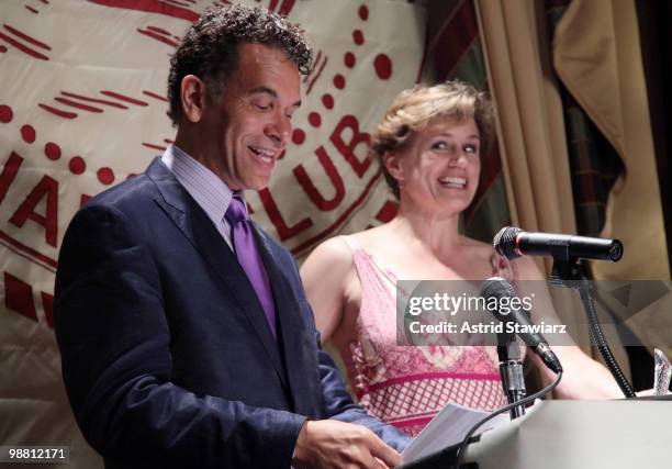 Actors Brian Stokes Mitchell and Cady Huffman announce the 55th Annual Drama Desk Award Nominations at the New York Friars Club on May 3, 2010 in New...