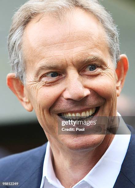 Former Prime Minister Tony Blair smiles whilst out campaigning with former Home Secretary Jacqui Smith in her Redditch constituency on May 3, 2010 in...