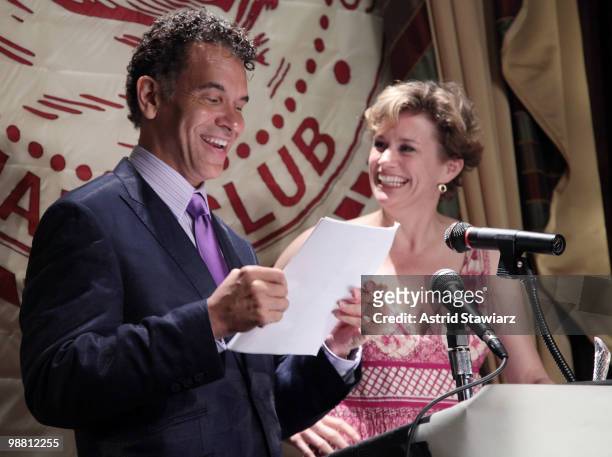 Actors Brian Stokes Mitchell and Cady Huffman announce the 55th Annual Drama Desk Award Nominations at the New York Friars Club on May 3, 2010 in New...