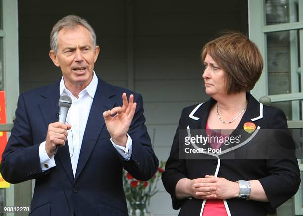 Former Prime Minister Tony Blair campaigns with former Home Secretary Jacqui Smith in her Redditch constituency on May 3, 2010 in Redditch, United...