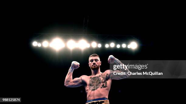 Lewis Crocker celebrates after defeating Adam Grabiec during their International Welterweight bout as part of The Homecoming boxing bill at SSE Arena...