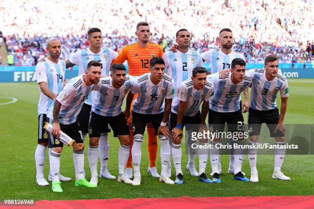 Argentina pose for a team photograph ahead of the 2018 FIFA World Cup Russia Round of 16 match between France and Argentina at Kazan Arena on June...