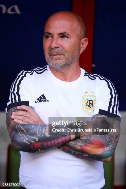Argentina coach Jorge Sampaoli looks on during the 2018 FIFA World Cup Russia Round of 16 match between France and Argentina at Kazan Arena on June...