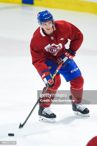 Montreal Canadiens Prospect Right Wing William Bitten skates with the puck during the Montreal Canadiens Development Camp on June 30 at Bell Sports...