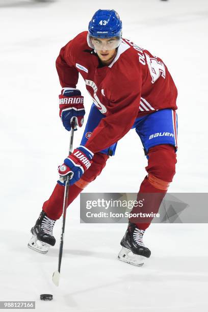 Montreal Canadiens Prospect Centre Jacob Olofsson skates with the puck during the Montreal Canadiens Development Camp on June 30 at Bell Sports...