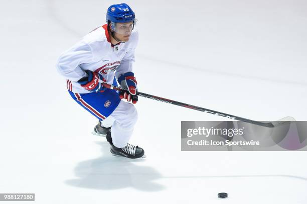 Montreal Canadiens Prospect Left Wing Jack Gorniak skates with the puck during the Montreal Canadiens Development Camp on June 30 at Bell Sports...