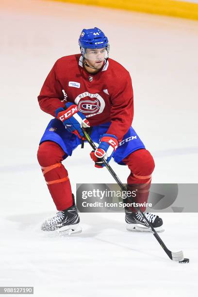 Montreal Canadiens Prospect Centre Ryan Poehling skates with the puck during the Montreal Canadiens Development Camp on June 30 at Bell Sports...