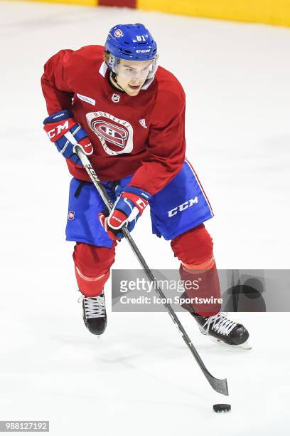 Montreal Canadiens Prospect Left Wing Brandon Hagel skates with the puck during the Montreal Canadiens Development Camp on June 30 at Bell Sports...