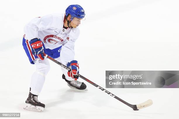 Montreal Canadiens Prospect Left Wing Jack Gorniak skates with the puck during the Montreal Canadiens Development Camp on June 30 at Bell Sports...