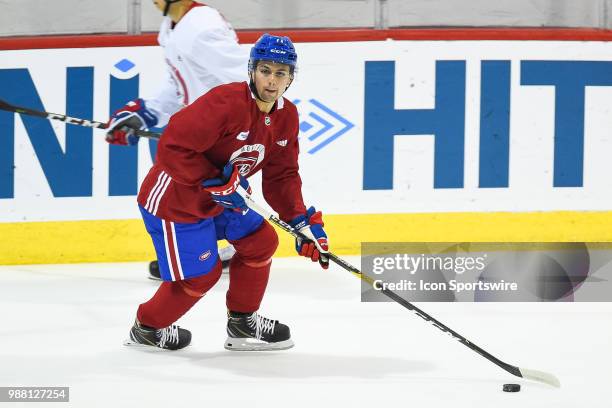 Montreal Canadiens Prospect Centre Cole Fonstad skates with the puck during the Montreal Canadiens Development Camp on June 30 at Bell Sports Complex...