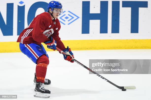 Montreal Canadiens Prospect Centre Allan McShane skates with the puck during the Montreal Canadiens Development Camp on June 30 at Bell Sports...