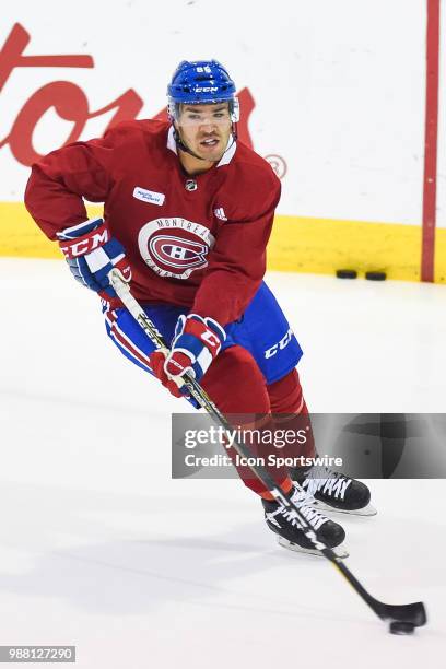 Montreal Canadiens Prospect Left Wing Joel Teasdale skates with the puck during the Montreal Canadiens Development Camp on June 30 at Bell Sports...