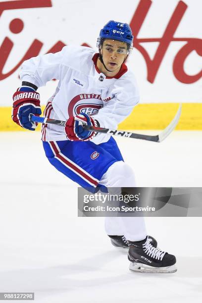 Montreal Canadiens Prospect Centre Samuel Houde passes the puck during the Montreal Canadiens Development Camp on June 30 at Bell Sports Complex in...